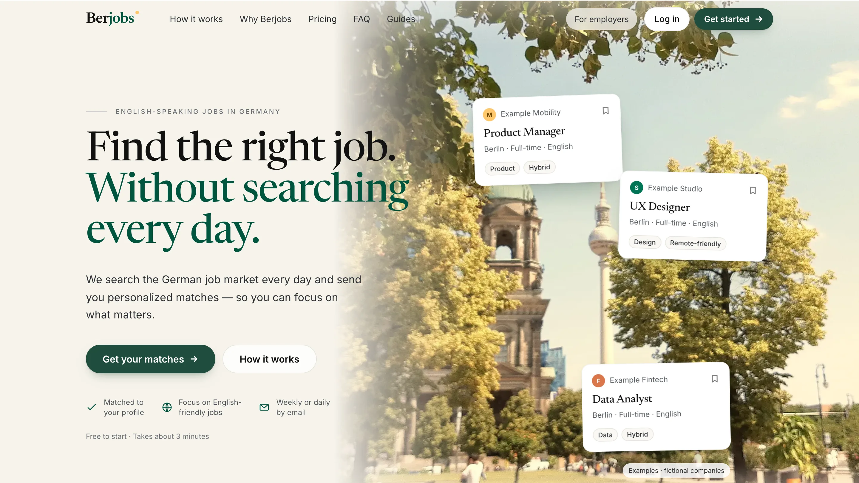 Berjobs-Startseite: Berliner Stadtfoto mit Fernsehturm, die Überschrift „Find the right job. Without searching every day.“ und Beispiel-Stellenkarten.