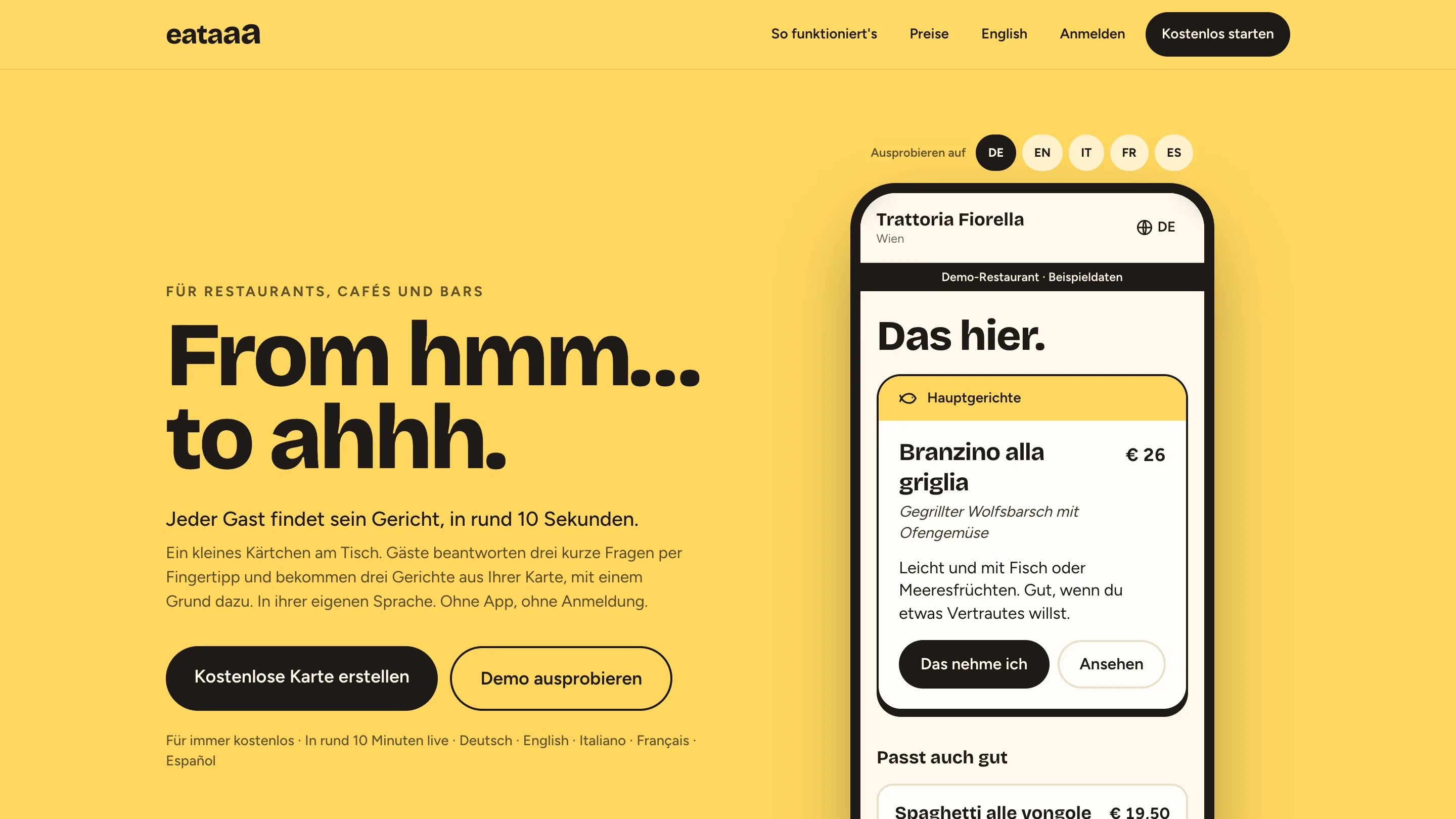 Eataaa-Startseite: gelber Hintergrund, die Überschrift „From hmm… to ahhh.“ und ein Smartphone mit einer Beispiel-Speisekarte.