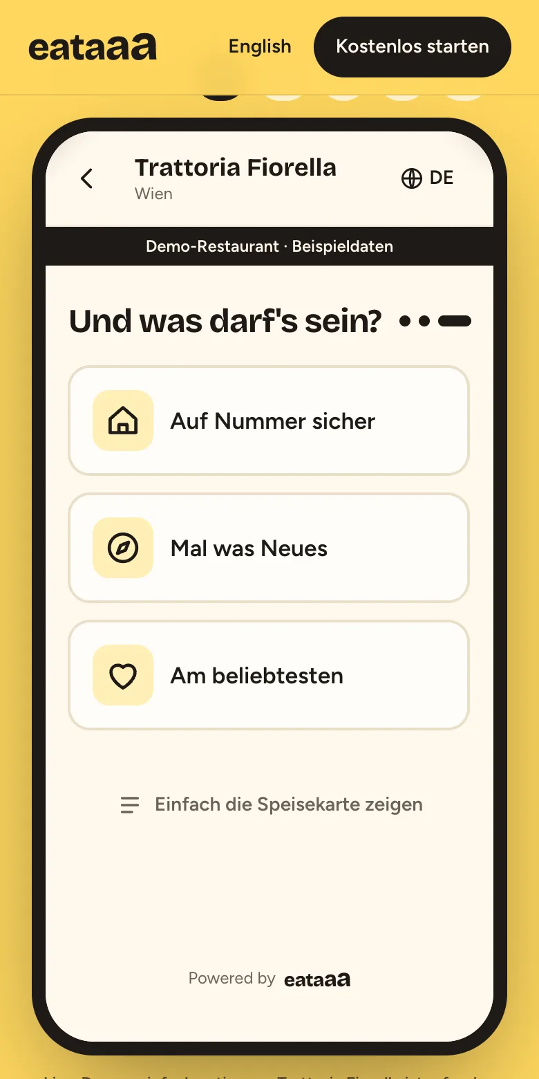 Eataaa auf dem Smartphone: die Live-Demo eines Beispiel-Restaurants fragt „Und was darf’s sein?“ mit drei Antwortknöpfen.